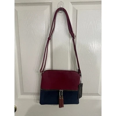 DELUXITY Women's Faux Leather Maroon/Navy Crossbody Purse Tassel Zip - Image 1 of 4