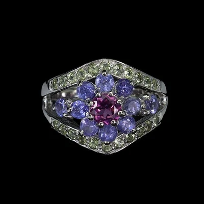 Anillo de plata de ley 925 redondo rodolita peridoto piedras preciosas naturales joyería talla 8 Foto 1 de 4