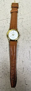 Vintage Salvi 18kt Gold Plated Circle Bezel Watch W/ Brown Genuine Leather Band - Picture 1 of 7