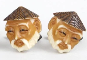 Antique Asian Man Face Bakelite ? Sterling Silver Men’s Cufflinks Oriental Japan - Picture 1 of 3