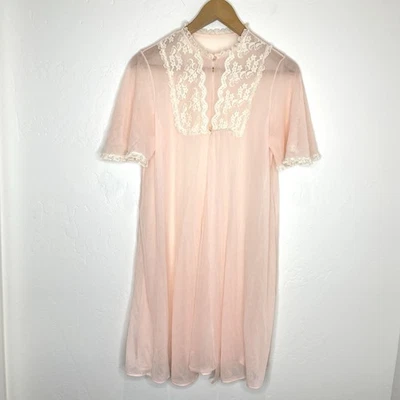 Vintage Gilead Sheer Romantic Nightgown Womens Medium Pink Button Open Front - Image 1 of 4