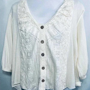 Free People Bohemian-Bluse elfenbeinfarben Häkelspitze Knopfleiste Oberteil Small neu mit Etikett - Bild 1 von 4