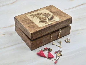 STORE INDYA Wooden Hand Carved Decorative Jewelry Box with Floral Carving - Picture 1 of 3