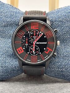 Sanwood Mens Watch Quartz Black Rubber Band Round 42 mm Black Dial Red Accents