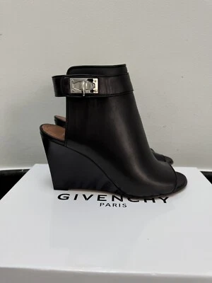 GIVENCHY BLACK LEATHER SHARK TOOTH LOCK WEDGE BOOTIE SANDAL SZ 39.5 NEW - Image 1 of 4