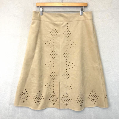 Chicos Sz 1 Studded Faux Suede Skirt Medium Tan A-Line Knee Western Boho Country - Image 1 of 4