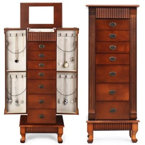 Wooden Jewelry Organizer Armoire Cabinet Storage Chest W/ Drawers & 2 Swing Door - Picture 1 of 13