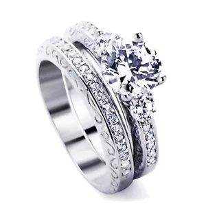 Women Silver 1.5ct Round CZ Wedding Ring Set 2pcs Engagement Ring Bridal Set - Picture 1 of 3