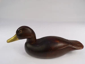 Vintage Hand Crafted Solid Wood Duck Sculpture Decoy Brass Bill Glass Eye D25 - Picture 1 of 12