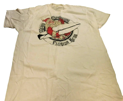 Vtg Rare 1980s Merry Christmas Santa Claus Surf Board Florida Keys T Shirt sz XL - Image 1 of 4