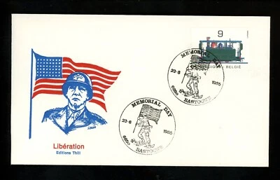 Postal History FDC #1194 Belgium railroad train flag Patton military 1985 - Image 1 of 2
