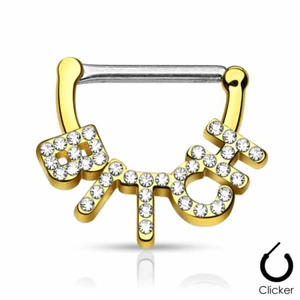 Pair of 14 Gauge Nipple Clicker Rings Crystal Paved BITCH Designs Surgical Steel - Picture 1 of 12