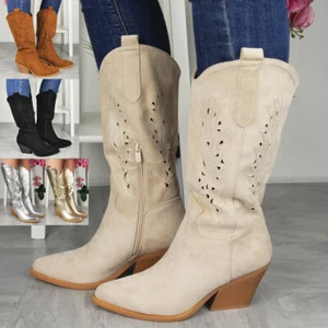 Botas de Vaquero Zapatos Damas Medio Pantorrilla Cremallera Tacón Western Imitación Gamuza Cómodas Mujeres Talla - Imagen 1 de 36