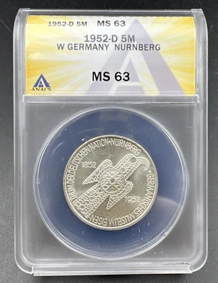 1952 D 5M West Germany Nurnberg 5 Five Marks Silver Coin ANACS MS63 - Image 1 of 4