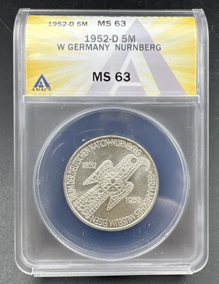 1952 D 5M West Germany Nurnberg 5 Five Marks Silver Coin ANACS MS63 - Image 1 of 4