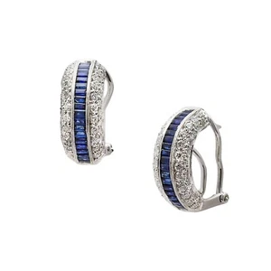 18K White Gold Diamond Blue Sapphire Cluster Earrings 1.40ct TDW - Picture 1 of 2