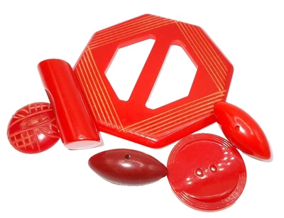 Vintage Bakelite Plastic Buttons Buckle Carved Cherry Red Toggles Tested 6 pcs - Image 1 of 4