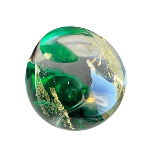 Apple Art Glass Paperweight Hand Blown Green Leaf Gold Flake Center Column - Picture 1 of 14