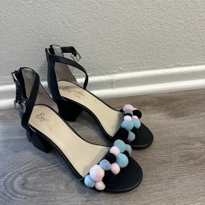 Seychelles Pom Poms 女式黑色皮革踝带高跟鞋凉鞋 6 码 — 第 1/4 张图片