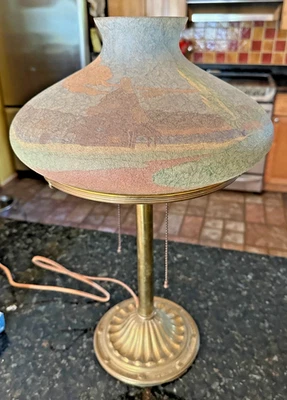 RARE Lamp w/ Early 12" Handel Moserine Village Scenic Shade - Image 1 of 4