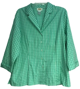 Talbots Sz 16 Button Up Shirt Top Green Gingham Check 3/4 Sleeve 100% Cotton - Picture 1 of 8