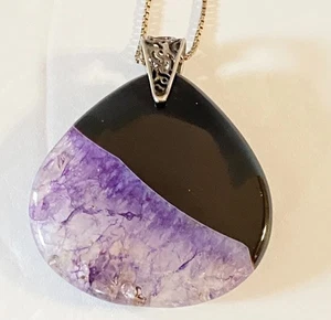 Vintage MJI 925 Sterling lila Druzy Geode schwarzer Achat Stein Anhänger Halskette - Bild 1 von 12
