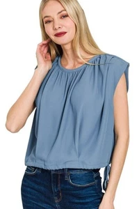 Zenana Oversized Trendy Casual Drawstring Waist Blue Tops For Women Sz Small - Picture 1 of 3