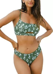 CUPSHE Women Swimsuit Bikini Set Reversible Bottom Medium Mid Rise Daisy Floral - Picture 1 of 7
