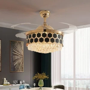 42" LED Light Crystal Chandelier Retractable Ceiling Fan 3-Color Lighting+Remote - Picture 1 of 9