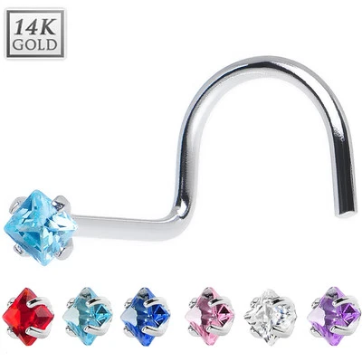 White Gold Nose Screw with 2mm Square Gem Top  - Image 1 of 4
