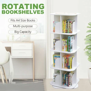Square 4-Tier Swivel Rotating Storage Display Bookcase Bookshelf White 128cm - Picture 1 of 5
