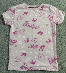 Barbie Girls Top Light Pink Cotton TShirt Hearts Stars Script Logo AOP Size 5T - Picture 1 of 9