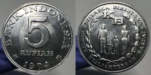 1974 Indonesia 5 Rupiah Uncirculated Aluminum Coin Family Planning Program - Picture 1 of 7