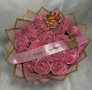 Handmade Ribbon Rose Eternal Bouquet -20 Pink Glitter Rose - Picture 1 of 5