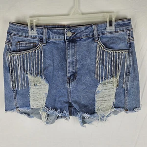 Women Mid Rise Ripped Stretchy Jeans Frayed Raw Hem Casual Tassels Denim Shorts - Picture 1 of 11