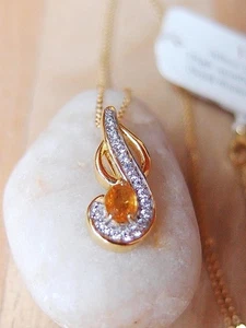 Spessartine Garnet & Zircon Treble Clef Music Note Necklace 18K Gold on Sterling - Picture 1 of 7
