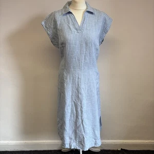 Laura Ashley Linen Midi Dress Size 12 Blue White Stripe Pattern Pockets Holiday - Picture 1 of 11