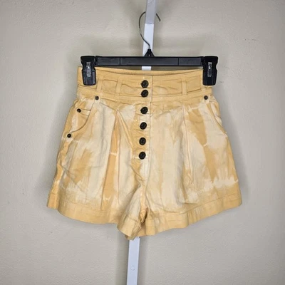 Pantalones Cortos Ulla Johnson Ares Oro Amarillo y Crema Tie Dye Botón Mosca Tiro Alto Talla 00 Foto 1 de 4
