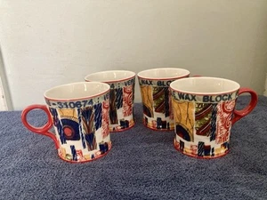 Anthropologie Veritable Wax Block Prints Coffee Tea Cup Mug Set of 4 Red - Picture 1 of 4