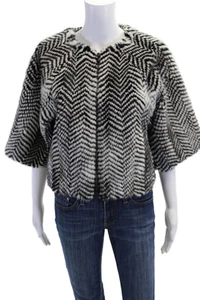 KaufmanFranco Womens Front Zip Mink Fur Wool Herringbone Jacket Black White 4 - Picture 1 of 6