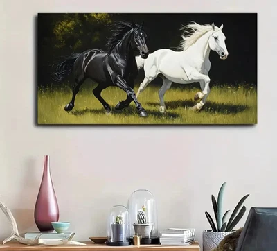 Black And White Horses Running In Field Unframed Canvas Painting for Living - Image 1 of 4