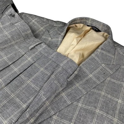 NUEVO Traje Paul Fredrick Para Hombre Lino/Algodón 2 Botones Negro/Tostado Cuadros • 56R | 44xU Foto 1 de 4