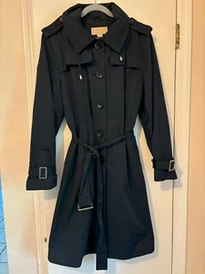 Women's Michael Kors Black Trench Coat w Hood Belt and Silver Accents Size XL - Picture 1 of 3