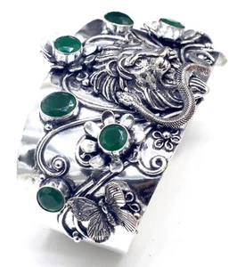 925 Sterling Silver Green Emerald Gemstone Handmade Jewelry Cuff Bracelet S-ADJ - Picture 1 of 7