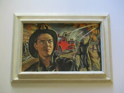 VINTAGE ANTIQUE WPA STYLE PAINTING FIREMEN FIREMAN FIRE FIGHTER AMERICAN URBAN - Image 1 of 4