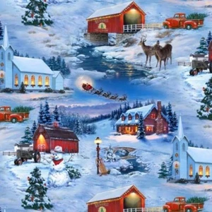 Country Christmas Fabric - Barn Snowman Covered Bridge - Elizabeth's Studio 21" - Picture 1 of 1