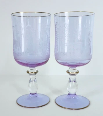 2 x MURANO ETCHED WINE GLASSES. Pink, purple and blue tones  16.5.cm tall,  VGC - Image 1 of 4