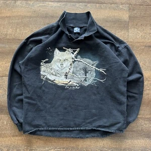 VTG Mens XL Black Wek The World x National Wildlife Wolves Nature Rugby Sweater - Picture 1 of 6