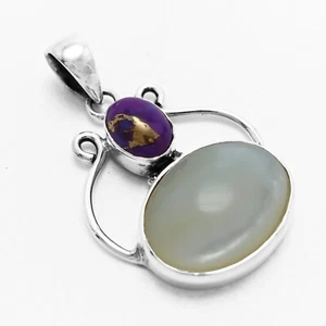 925 Sterling Silver Mother Of Pearl, Purple Copper Turquoise Pendant Mom Gift - Picture 1 of 4