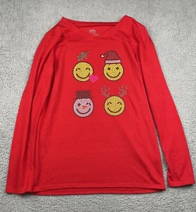 Justice Girls Long Sleeve Shirt Red Christmas Emoji Size 16/18 - Picture 1 of 7